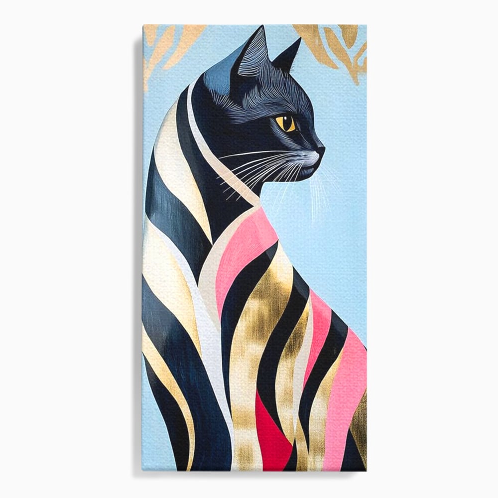 Tablou canvas cu tablou canvas cu pisica neagra stilizata, fara rama, pe sasiu de lemn